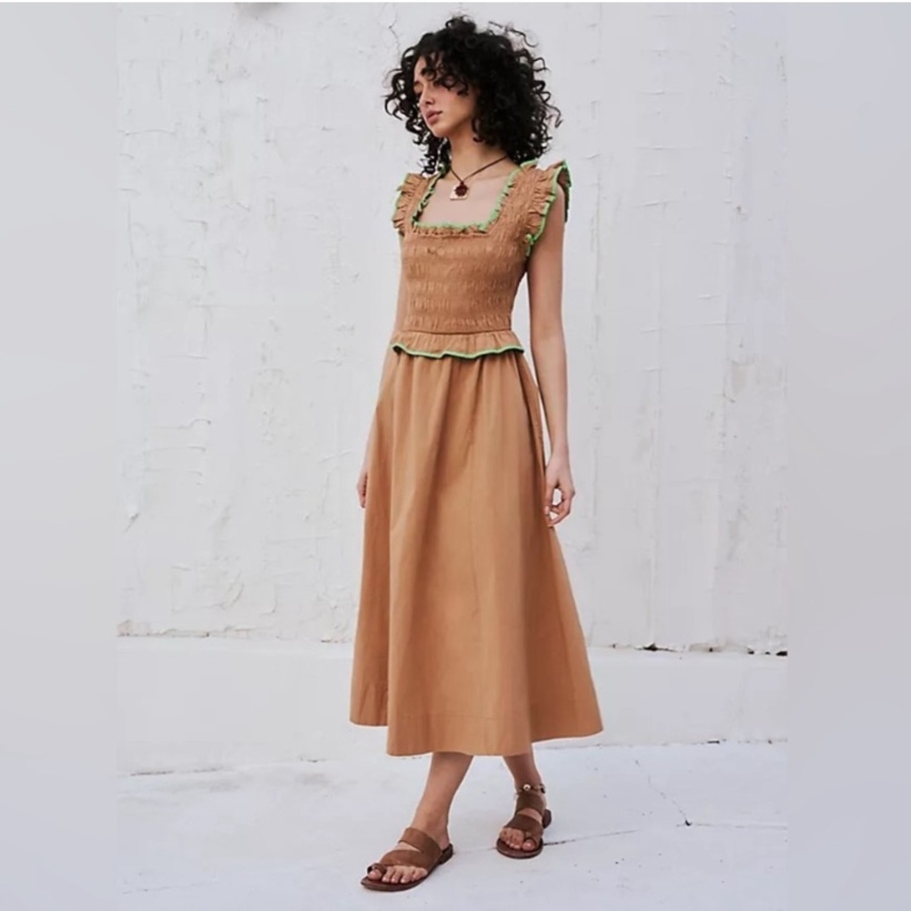 Free People Tan Midi Dress with Green Trim